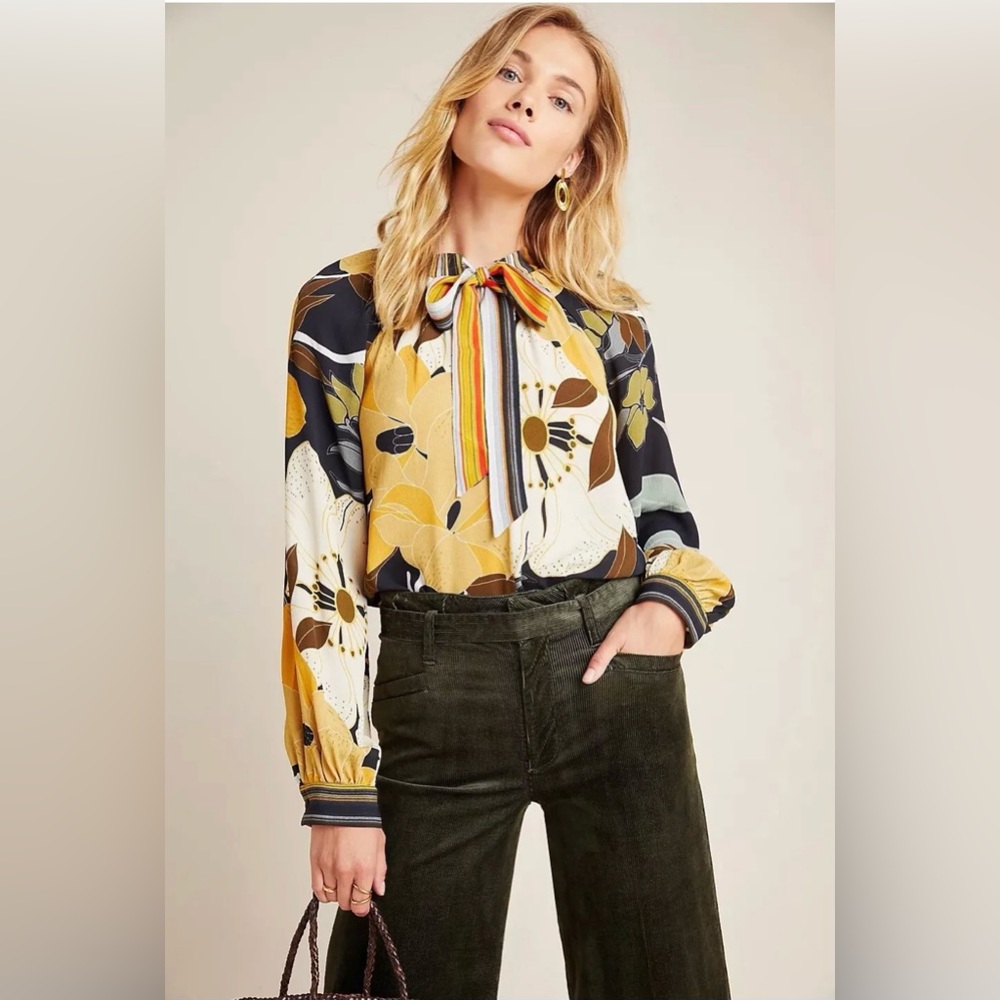 Anthropologie Bl-nk Sharona Tie-Neck Blouse Size Small